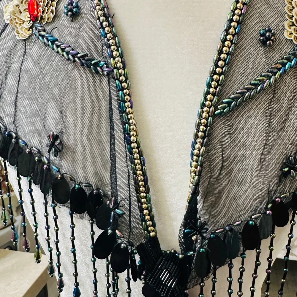 Capelet Beaded Shoulder 1920’s Style Butterfly Mesh Red  Gold Accents topper
